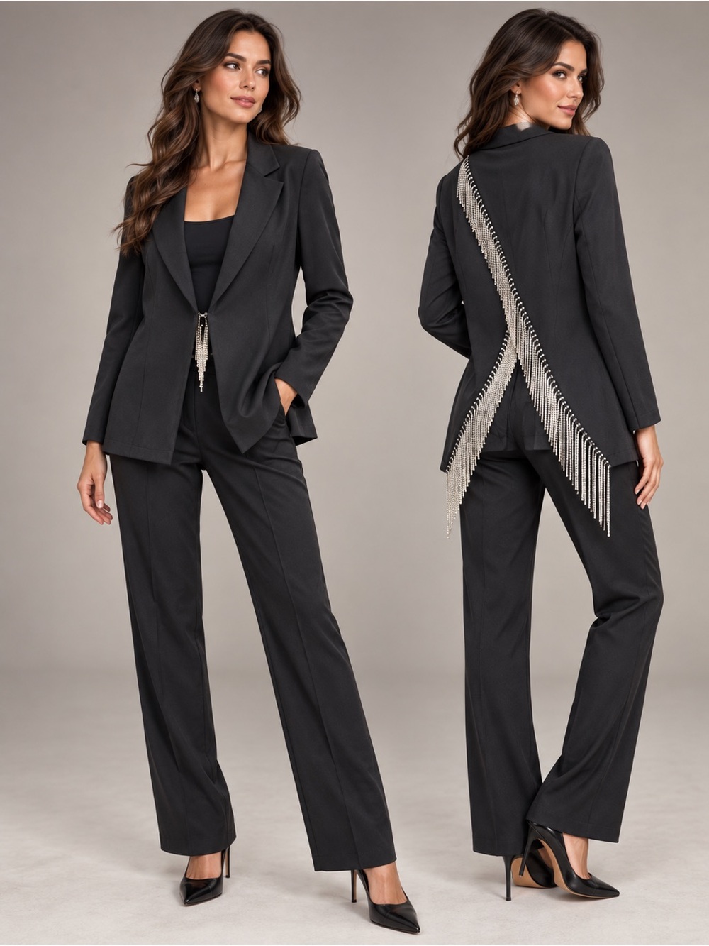Black Rhinestone Fringe Statement Blazer Small